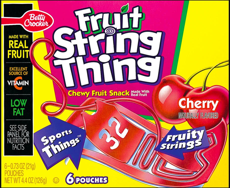 Butterfinger BB's, Kudos Bars, Dannon Sprinkl'ins, Shark Bites, Squeezeit, Starburst Hard Candy, Snackwell's, P.B. Crisps, Nestle Magic Ball (later renamed Wonder Ball), Ritz Bits S'Mores, Jell-O Pudding Pop, Pizzaria Chips, Fruit String Thing, Ecto Cooler, Crystal Pepsi, Juice Squeeze, Flintstones Push Ups, Philadelphia Cheesecake Snack Bars, Ninja Turtles Pies