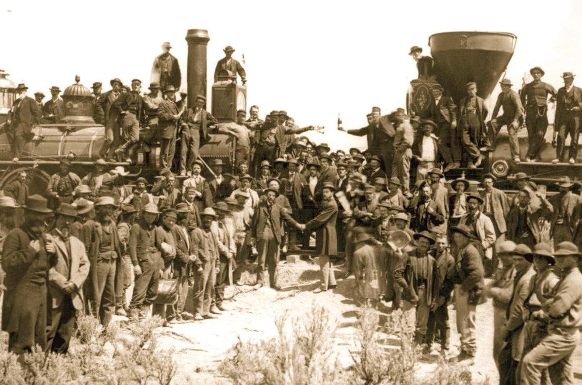 1. The day the Transcontinental Railroad was officially completed in Colorado, August 15, 1870 1. The day the Transcontinental Railroad was officially completed in Colorado, August 15, 1870, 2. A Native American looking down on the newly completed section of the Transcontinental Railroad, 3. Celebrating the completion of the Transcontinental Railroad in Promontory Point, Utah, 1869, 4. Hopping on the handcar to get to work on the Transcontinental Railroad, 1860s, 5. All hands on deck, 1864, 6. Laborers laid an average of ten miles of track per day, 7. The Dale Creek Crossing, a wooden railroad, under construction during the building of the Transcontinental Railroad, 1868, 8. Heading to the tracks to witness the completion of the railroad, 1870, 9. The Jupiter train, which was one of the first locomotives on the Transcontinental Railroad, 1860s, 10. Workers had to cut through 1,000 miles of trees through the narrows of Weber Canyon, 1869, 11. Checking to see if there would be any rock slides onto the railroad, 12. The Central Pacific First Transcontinental Railroad, built from Sacramento, California, to Summit, Utah in 1865, 13. A railroad camp near Victory, 1869, 14. Would you trust this bridge on the Central Pacific side of the Transcontinental Railroad?, 15. Imagine all of the work that went into digging through that mountain