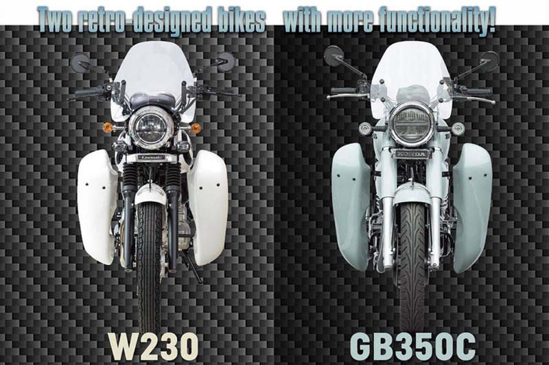 昭和レトロを極めた?! ’50〜’60年代風をまとう2台, クラシカルな“C”の ロー＆ワイド感を よりデフォルメする／GB350C, 時代を超えた往時感 の再現と色褪せない デザインが絶妙にマッチ／W230, 取材協力：キジマ, レポート：ヘリテイジ＆レジェンズ編集部