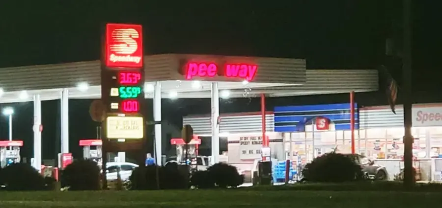 1. Speedway took a turn after a short circuit 1. Speedway took a turn after a short circuit, 2. "Don't even think of parking here, big boy", 3. Because women are always right, 4. "Do marathoners know they don't have to?", 5. "On-site home refinancing to help with gas", 6. "Free Oil Changes on All Teslas", 7. Safe Place, full stop, 8. "The first five days after the weekend are the hardest", 9. "We have gluten-free gas", 10. "Free gas: all exits, all stations, all pumps, all the time", 11. Regular .19, Diesel .79, Milk .79, 12. "Naming the dog 'Shark' at the beach was a mistake", 13. "We don't care, just be fresh & wash your hands", 14. "Donuts and beer now here", 15. "Muffins spelled backward is what you do when they're done", 16. Unleaded .59, Diesel .99, Slurpee .00, 17. "Bought a chicken to make sandwiches. It won't", 18. "If y'all could stop driving off with our hoses…", 19. Mr. Gas: Eat Food, Get Gas, 24/7