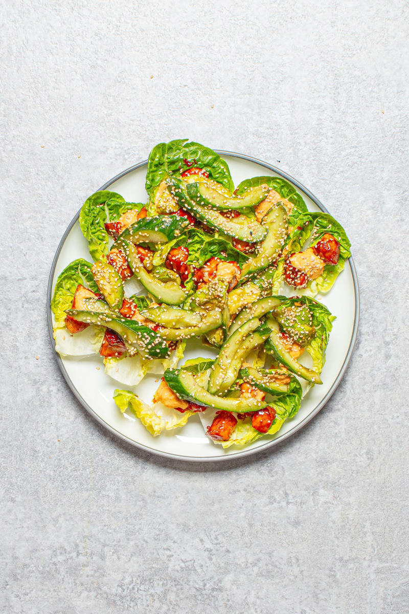 Shopping list, Garlic and cumin prawns with cauli rice, Baked Mediterranean fish with butter bean mash, Spiced chicken lettuce cups with kimchi mayo and cucumber salad