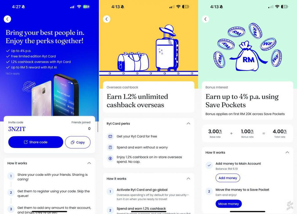 Ryt Bank offers 4% p.a. interest for Save Pockets, Unlimited 1.2% cashback for overseas spending, Up to RM5 reward when you use Ryt AI to pay, Related reading