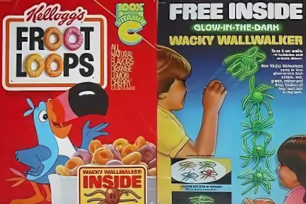10. Honeycomb Digital Watches, 9. Leon Neon Glow Bracelets, 8. Wacky WallWalkers, 7. Spooky Speedsters, 6. Flintstones Car, 5. Sugar Bear Bike Reflector, 4. Monster Mitts, 3. Crater Critters, 2. Cracker Jack "Toy Surprise", 1. The Funny Jungleland Moving Pictures Book