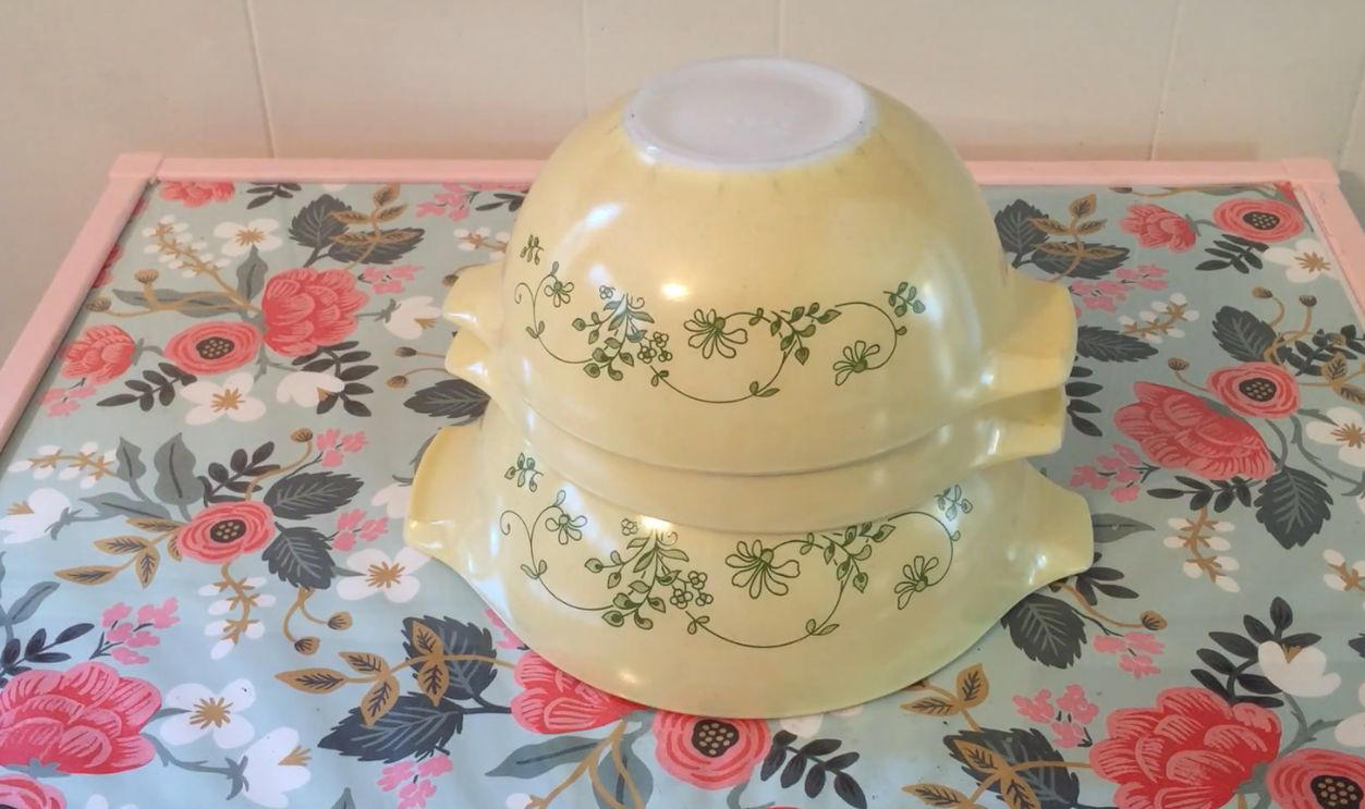 Your Grandma’s Kitchenware Could Be Worth a Fortune, Turquoise Snowflake Mixing Bowls, Gooseberry Cinderella Bowls (Pink on White), Friendship Pattern Casseroles, Primary Colors Mixing Bowls Set, Black Snowflake Space Saver Casserole, Horizon Blue Cinderella Bowls, Verde Square Flowers Casseroles, Terra Mixing Bowls, Bluebird Promotional Casserole, Balloons Chip &amp; Dip Set, Pink Scroll Space Saver, Green Dot Mixing Bowls, Town and Country Pattern Mixing Bowls, Autumn Harvest Cinderella Bowls (Orange on White), Shenandoah Pattern Casseroles, Golden Pine Promotional Casserole
