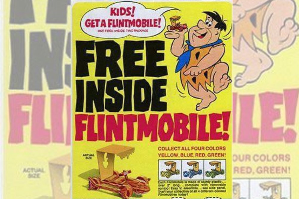 10. Honeycomb Digital Watches, 9. Leon Neon Glow Bracelets, 8. Wacky WallWalkers, 7. Spooky Speedsters, 6. Flintstones Car, 5. Sugar Bear Bike Reflector, 4. Monster Mitts, 3. Crater Critters, 2. Cracker Jack "Toy Surprise", 1. The Funny Jungleland Moving Pictures Book