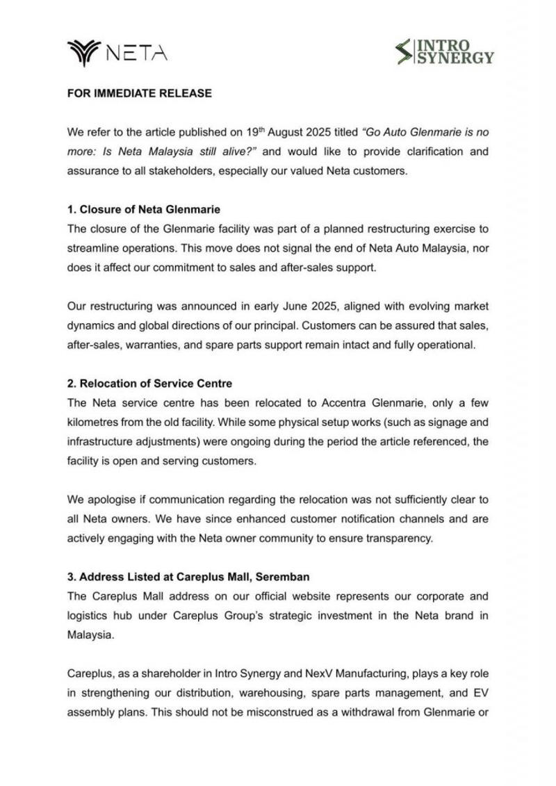 Closure of Glenmarie facility, Relocation of service centre, Careplus Mall address, After-sales and future plans
