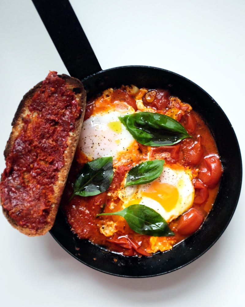 Eggs in purgatory, Duck egg and fennel potatoes, Buckwheat pancakes with blood orange and blueberries, Sri Lankan turmeric omelette