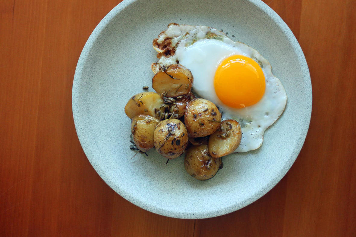 Eggs in purgatory, Duck egg and fennel potatoes, Buckwheat pancakes with blood orange and blueberries, Sri Lankan turmeric omelette