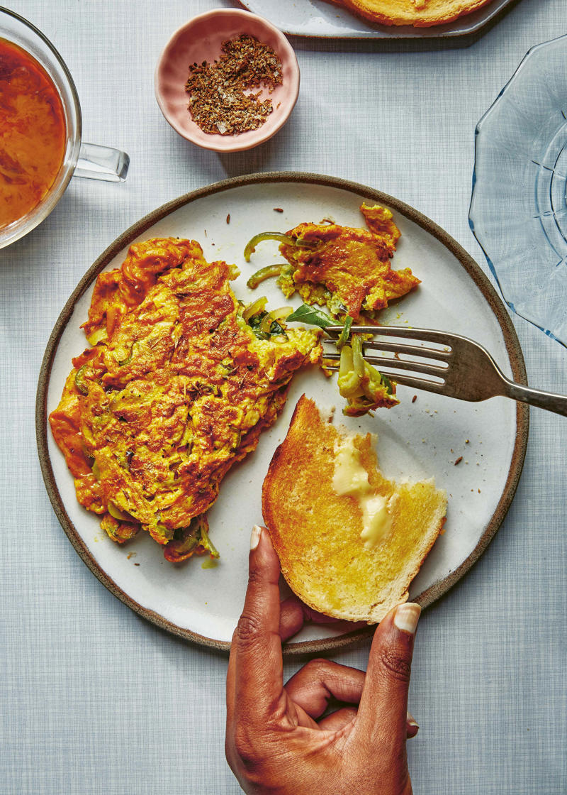 Eggs in purgatory, Duck egg and fennel potatoes, Buckwheat pancakes with blood orange and blueberries, Sri Lankan turmeric omelette