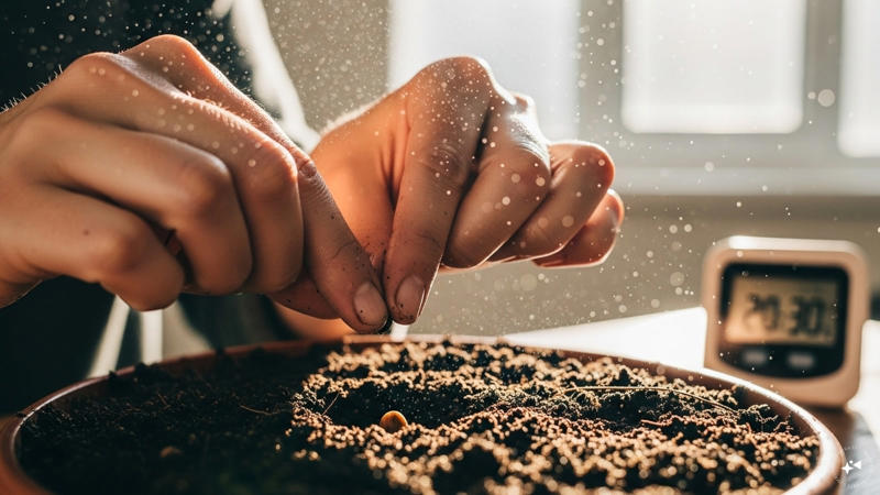 Plant The Seeds: Plant each seed about 1 inch deep in moist soil. Cover lightly with soil and mist with water. Also, try to keep the pot in a warm area (20–30°C / 68–86°F) with indirect sunlight. (Image: AI-Generated)