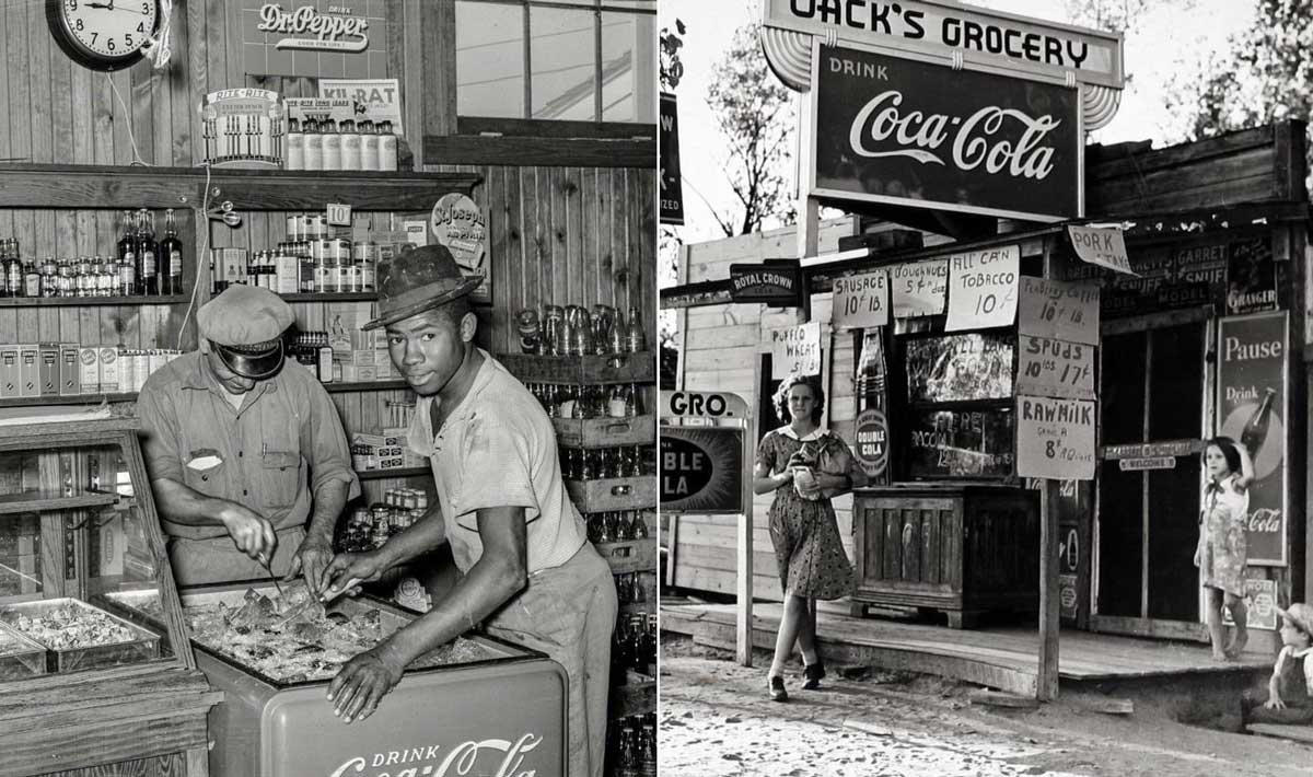 1. Country Store in Oklahoma (1940), 2. Uncle Newt’s Store in Hardin, Tennessee (1945), 3. Woman Looking in a ‘Men Only’ Machine at the Vermont Country Store (1954), 4. Checking Out at a Lynchburg, Tennessee, Store (1972), 5. Double Decker Store in Prospect Hill, North Carolina (1940), 6. McLeary Store, Outside of Salem, Oregon (1959), 7. W.B. Queen, a Fiddler, Playing in a Country Store in Tellico Plains, Tennessee (1941), 8. Soldiers From Fort Benning Playing Pinball in an Alabama Country Store (1941), 9. Putting Ice in the Soft Drink Refrigerator at a Store in Arkansas (1938), 10. General Store in Bigheart, Oklahoma (1908), 11. Grinding Coffee at the General Store in Castolon, Texas (1939), 12. Poolroom at the General Store in Granville County, North Carolina (1940), 13. Manning the Counter (1973), 14. General Store in Moundville, Alabama (1936), 15. Dowd’s Store in Fibre, Michigan (1952), 16. Farm Boy at a General Store Pop Stand in Iowa (1939), 17. Country Store Off a Dirt Road in North Carolina (1939)