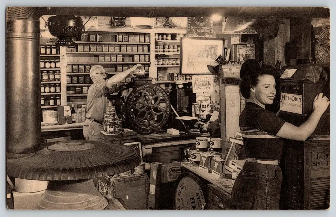 1. Country Store in Oklahoma (1940), 2. Uncle Newt’s Store in Hardin, Tennessee (1945), 3. Woman Looking in a ‘Men Only’ Machine at the Vermont Country Store (1954), 4. Checking Out at a Lynchburg, Tennessee, Store (1972), 5. Double Decker Store in Prospect Hill, North Carolina (1940), 6. McLeary Store, Outside of Salem, Oregon (1959), 7. W.B. Queen, a Fiddler, Playing in a Country Store in Tellico Plains, Tennessee (1941), 8. Soldiers From Fort Benning Playing Pinball in an Alabama Country Store (1941), 9. Putting Ice in the Soft Drink Refrigerator at a Store in Arkansas (1938), 10. General Store in Bigheart, Oklahoma (1908), 11. Grinding Coffee at the General Store in Castolon, Texas (1939), 12. Poolroom at the General Store in Granville County, North Carolina (1940), 13. Manning the Counter (1973), 14. General Store in Moundville, Alabama (1936), 15. Dowd’s Store in Fibre, Michigan (1952), 16. Farm Boy at a General Store Pop Stand in Iowa (1939), 17. Country Store Off a Dirt Road in North Carolina (1939)