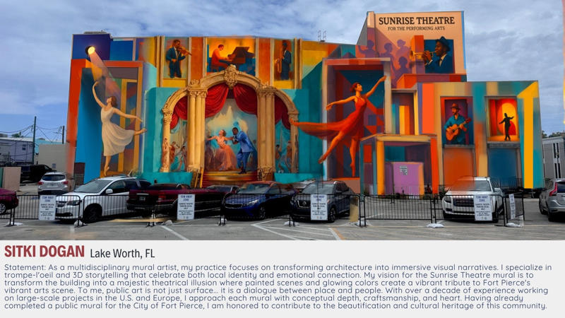 How to vote for Sunrise Theatre mural, Shane Grammer, Cucamonga, California, Sitko Dogan, Lake Worth, Brian Peterson, Miami