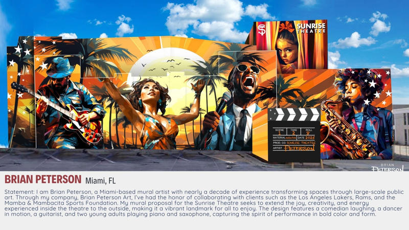 How to vote for Sunrise Theatre mural, Shane Grammer, Cucamonga, California, Sitko Dogan, Lake Worth, Brian Peterson, Miami