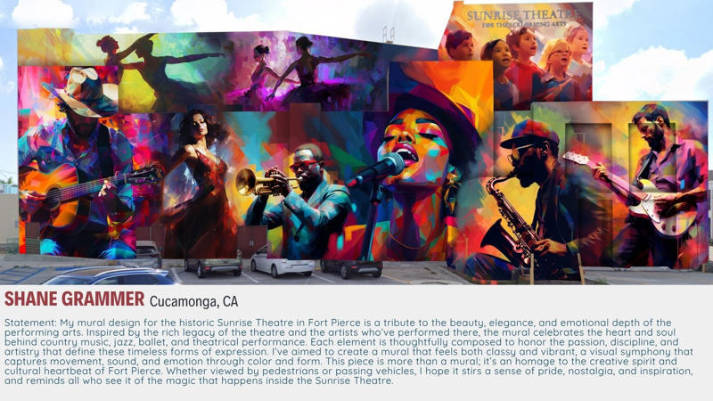 How to vote for Sunrise Theatre mural, Shane Grammer, Cucamonga, California, Sitko Dogan, Lake Worth, Brian Peterson, Miami