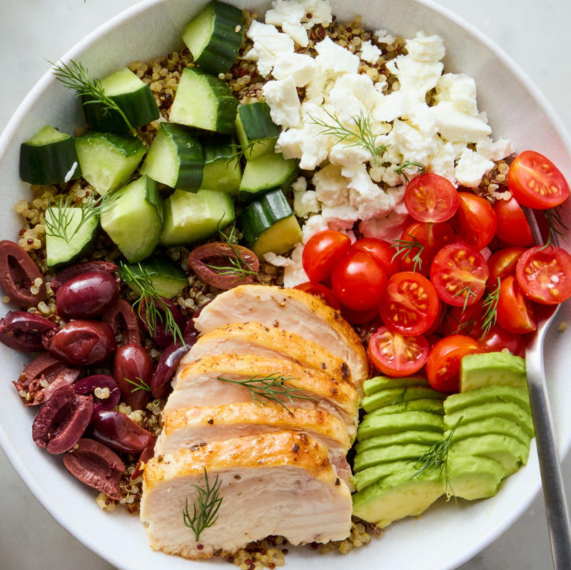 Peanut Chicken Protein Bowls, Philly Cheesesteak Cabbage Wraps, One-Pot Shrimp Primavera, Cheesy Asparagus Stuffed Chicken, Seitan Lomo Saltado, Greek Power Bowls, Cottage Cheese Alfredo, High-Protein Chicken Parm Pizza , Peanut Chickpea Protein Bowls, Goddess Bowls, Greek Salad Cottage Cheese Bowl, Chicken Shawarma Sheet-Pan Dinner, Nicoise Salad, High-Protein Creamy Chicken & Gnocchi, Chicken Club Egg White Wrap