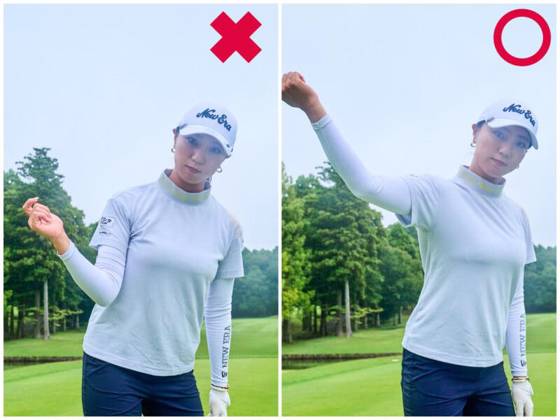 大きくしなやかに上半身を使い〝特大のスイングアーク〞で飛ばす, 【POINT１】 ワキを〝閉じる〞は×〝締める〞は⚪︎, 【POINT２】アドレス時の手首の角度をキープ, 【POINT３】「スイングアーク大」の秘けつは肩関節を外旋させてワキを〝あける〞