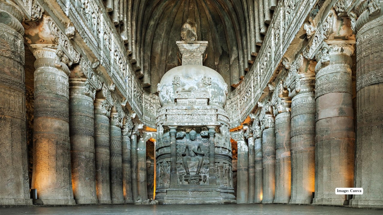 1. Ajanta Caves, India These Buddhist sanctuaries (2nd century BCE–480 CE) are celebrated for their luminous murals, delicate carvings, and expressive sculptures—considered the pinnacle of ancient Indian rock-cut architecture and spiritual artistry. (Image: Canva) 1. Ajanta Caves, India These Buddhist sanctuaries (2nd century BCE–480 CE) are celebrated for their luminous murals, delicate carvings, and expressive sculptures—considered the pinnacle of ancient Indian rock-cut architecture and spiritual artistry. (Image: Canva), 2. Ellora Caves, India A magnificent fusion of Hindu, Buddhist, and Jain traditions (6th–10th century CE), Ellora is home to the monumental Kailash Temple—the world’s largest monolithic rock excavation—showcasing both scale and craftsmanship in stone. (Image: Canva), 3. Škocjan Caves, Slovenia Europe’s most dramatic underground canyon, the Škocjan system features roaring rivers, towering stalactites, and vast cathedral-like chambers, making it one of the most awe-inspiring natural cave landscapes on Earth. (Image: Canva), 4. Phong Nha Cave, Vietnam Located in Phong Nha–Kẻ Bàng National Park, this cave holds the world’s longest underground river accessible to visitors, adorned with formations poetically named “Lion,” “Buddha,” and “Fairy,” adding mythical charm to its natural splendor. (Image: Canva), 5. Mogao Caves, China Known as the “Caves of the Thousand Buddhas,” this vast complex has preserved Buddhist art and manuscripts since 366 CE. Its vibrant murals and sculptures form one of the world’s richest repositories of spiritual and artistic history. (Image: Canva), 6. Longmen Grottoes, China Carved into limestone cliffs along the Yi River, the Longmen Grottoes contain over 1,400 caves and 100,000 statues, many from the Tang dynasty, celebrated for their refined artistry and serene spiritual expression. (Image: Canva), 7. Elephanta Caves, India Set on an island near Mumbai, Elephanta is famed for its colossal rock-cut sculptures, especially the Trimurti—a majestic three-headed depiction of Lord Shiva—blending myth, devotion, and stone artistry. (Image: Canva), 8. Mammoth Cave, USA The world’s longest cave system stretches more than 640 km underground. With vast passageways, rare geological formations, and traces of prehistoric human activity, it’s both a natural marvel and a historical treasure. (Image: Canva), 9. Altamira Cave, Spain Often called the “Sistine Chapel of Paleolithic Art,” Altamira showcases prehistoric paintings of bison, horses, and deer dating back over 20,000 years, offering a hauntingly beautiful window into early human creativity. (Image: Canva), 10. Caves of Aggtelek Karst (Baradla), Hungary This sprawling cave system, shared with Slovakia’s Slovak Karst, dazzles with dramatic stalactites, stalagmites, and underground rivers—a sublime display of nature’s artistry formed over millions of years. (Image: Canva)