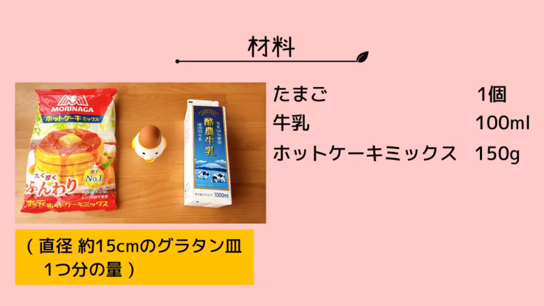 1．ボウルに卵を割り入れ、泡立て器で混ぜる, 2．牛乳が冷たい場合は電子レンジで温める, 3．1のボウルに2を加えて混ぜる, 4．ホットケーキミックスを加えてよく混ぜる, 5．グラタン皿にアルミホイルを敷く, 6．生地をグラタン皿に流し込み、空気を抜く, 7．トースターで焼く, 8．焼きあがったら完成