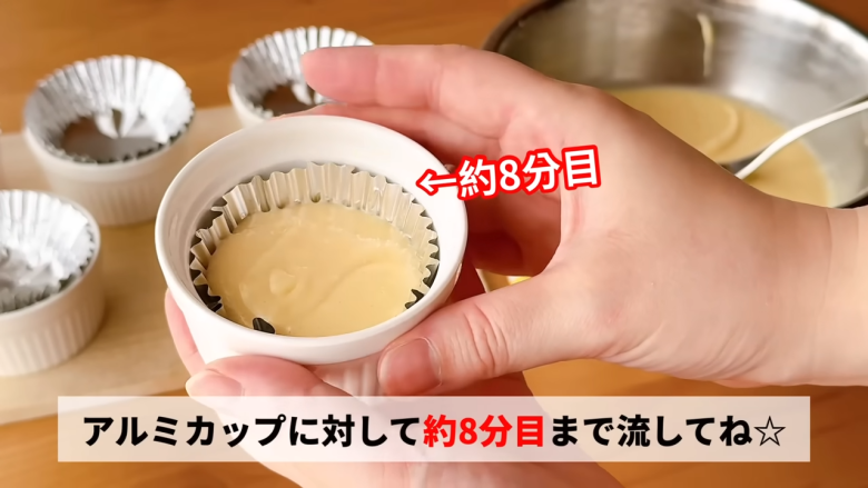 1．ボウルに卵を割り入れ、泡立て器で混ぜる, 2．牛乳が冷たい場合は電子レンジで温める, 3．1のボウルに2を加えて混ぜる, 4．ホットケーキミックスを加えてよく混ぜる, 5．グラタン皿にアルミホイルを敷く, 6．生地をグラタン皿に流し込み、空気を抜く, 7．トースターで焼く, 8．焼きあがったら完成