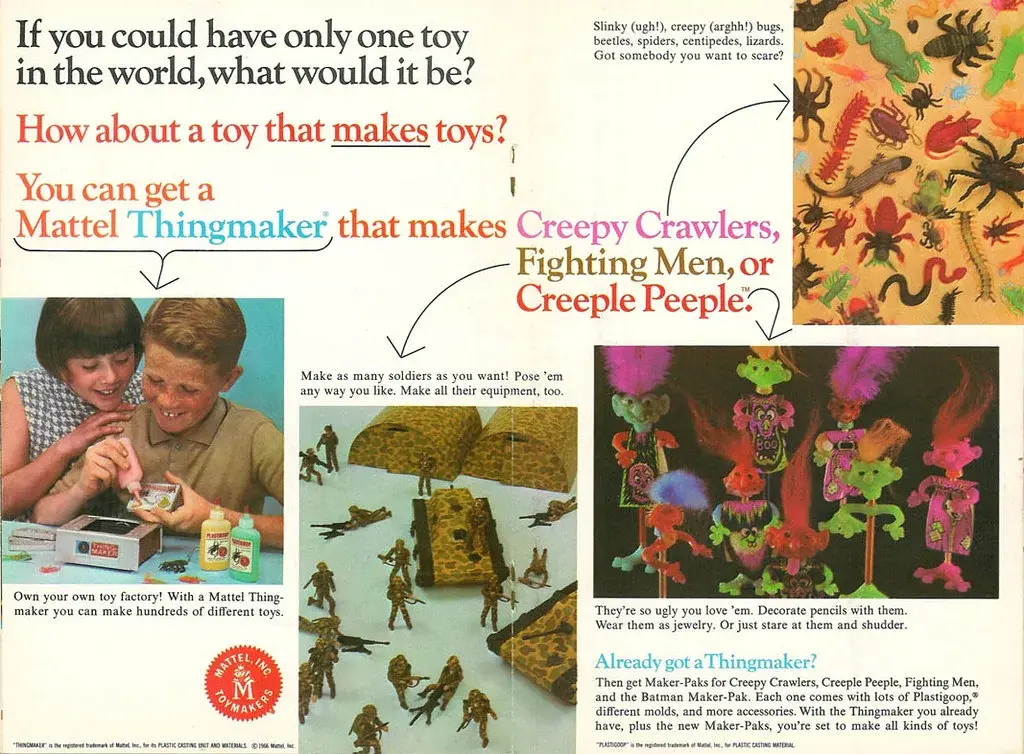 1. Clackers, 2. Big Wheels, 3. Easy-Bake Oven, 4. Lawn Darts (Jarts), 5. Super Elastic Bubble Plastic, 6. Creepy Crawlers, 7. Rock ’Em Sock ’Em Robots, 8. Slime, 9. Skateboards, 10. Stretch Armstrong, 11. Water Wiggle, 12. BB Guns, 13. Pet Rock