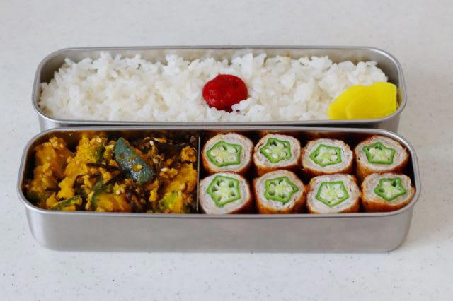 切り口が可愛い♪「オクラ肉巻き」「かぼちゃの塩昆布和え」2品弁当, 1品目 オクラ肉巻き, 2品目 かぼちゃの塩昆布和え, 2品弁当の詰め方プロセス, 「心が楽になる2品弁当」のルール