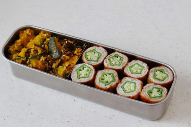 切り口が可愛い♪「オクラ肉巻き」「かぼちゃの塩昆布和え」2品弁当, 1品目 オクラ肉巻き, 2品目 かぼちゃの塩昆布和え, 2品弁当の詰め方プロセス, 「心が楽になる2品弁当」のルール