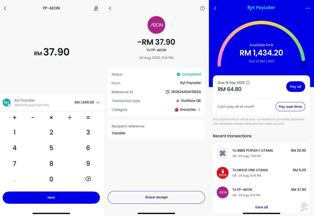 Ryt PayLater offers up to RM1,499 credit limit, 0% interest for 1 month, Ryt PayLater charges 8.87% p.a. interest , Ryt PayLater now available for DuitNow QR spending, Related reading