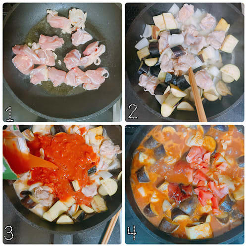 フライパンで簡単！『チキンと茄子のトマト煮』の作り置きレシピ, 作り方（調理時間：30分）, ブログ「mama*kitchen」 ・・・日々のごはん記録、ときどきコドモ。（http://mama-kitchen.blog.jp/）, インスタグラム 「Mayu*」・・・パンの日が多い、ワンプレート朝ごはん。（https://instagram.com/mama_kitchen/）
