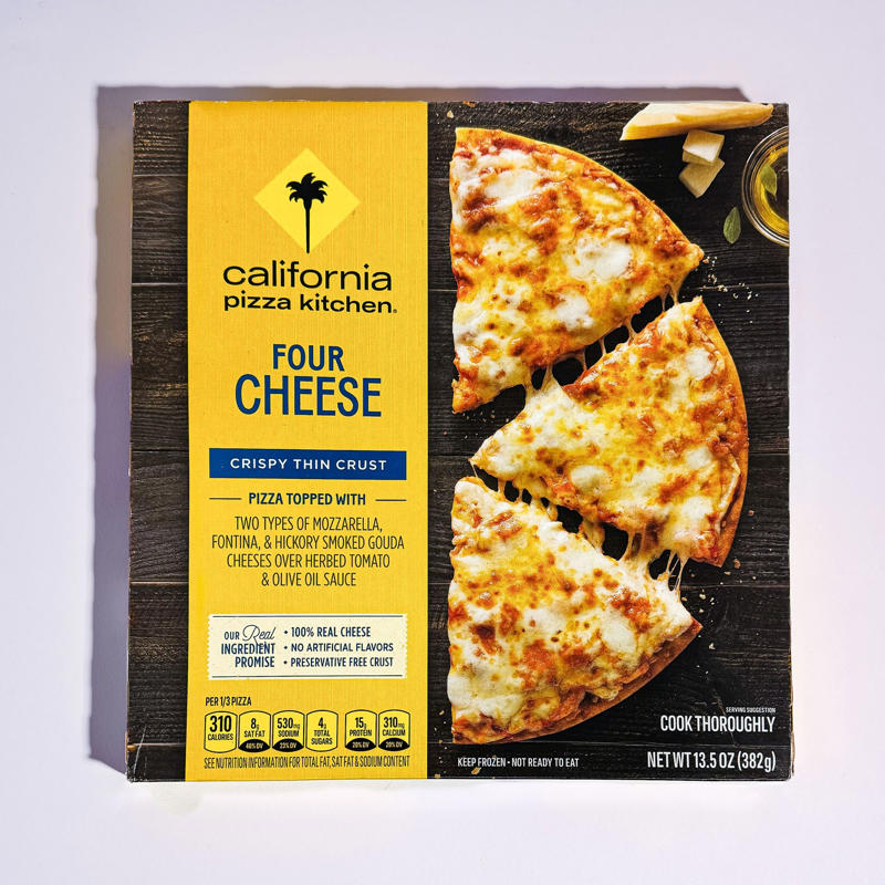   1. 11. Trader Joe’s Organic 3 Cheese Pizza ,   1. 10. Great Value (Walmart) Thin &amp; Crispy Four Cheese Pizza ,   1. 9. Jack’s Original Thin Cheese Pizza ,   1. 8. California Pizza Kitchen Crispy Thin Crust Four Cheese Pizza ,   1. 6. (tie) Red Baron Classic Crust Four Cheese Pizza ,   1. 6. (tie) Tombstone Original Crust 5 Cheese Pizza ,   1. 5. Freschetta Naturally Rising Crust Four Cheese Pizza ,   1. 4. Screamin’ Sicilian Thin &amp; Crispy Cheese Pizza ,   1. 3. Kirkland Signature (Costco) Cheese Pizza ,   1. 2. 365 (Whole Foods) Thin Crust Four Cheese Pizza ,   1. 1. DiGiorno Classic Crust Cheese Pizza 