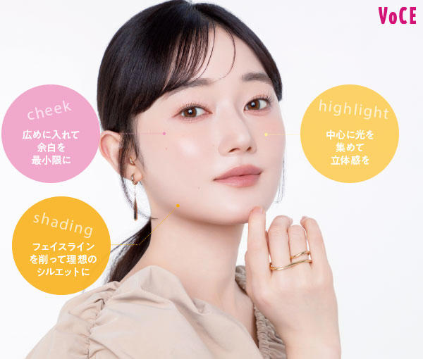 顔の余白を埋めて、エラ部分をすっきり見せるのが目標！, 【チーク】血色を2色重ねて余白を埋めつつ立体感を, 【ハイライト】ハイライトはちりばめ塗りして、顔の間延びを防止！, 【シェーディング】エラ下、あごまわりをがっつり削って顔の下半分をシャープに