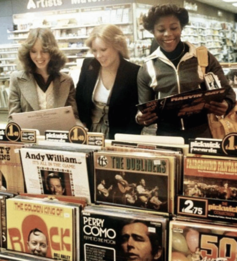 1. Haircut fashion /70s, 2. Men in colored pants, 3. Car parties, 4. Group of friends at the beach, 5. A couple's Polaroid, 6. A girl on the highway, 7. Grocery shopping in style, 8. Elegance at the office, 9. Living Room Entertainment, 10. Record collecting, 11. Kitchen duty, 12. Work conferences, 13. Newspapers were everywhere, 14. Church on Sunday, 15. Credit cards arrive, 16. Workplace technology, 17. The long commute, 18. The balancing act, 19. Adult education