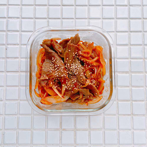 お弁当にも◎『牛肉の焼肉風ピリ辛炒め』作り置きレシピ, 作り方（調理時間：10分）, ブログ「mama*kitchen」 ・・・日々のごはん記録、ときどきコドモ。（http://mama-kitchen.blog.jp/）, インスタグラム 「Mayu*」・・・パンの日が多い、ワンプレート朝ごはん。（https://instagram.com/mama_kitchen/）