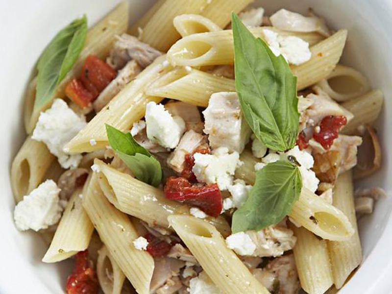 Chicken pesto pasta with tomatoes , Chicken and sugar snap pea pasta , Chicken and corn pasta bake , Chicken penne carbonara with crispy crumbs , Creamy chicken and pasta salad , Farfalle with tenderloins, ricotta, spinach and tomato , Thermomix risoni with chicken and salsa verde , Chicken, chorizo and capsicum pasta , Creamy chicken, bacon, pea and spinach pasta , Chicken carbonara pasta bake , Greek chicken pasta salad , Chicken pasta salad with roasted capsicum, fetta and walnut , Roast chicken pasta , Chicken pasta salad