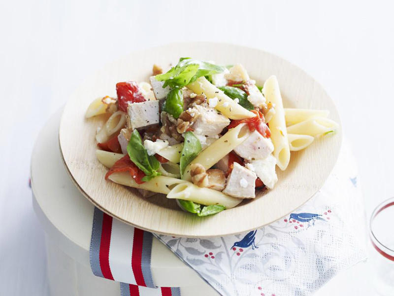 Chicken pesto pasta with tomatoes , Chicken and sugar snap pea pasta , Chicken and corn pasta bake , Chicken penne carbonara with crispy crumbs , Creamy chicken and pasta salad , Farfalle with tenderloins, ricotta, spinach and tomato , Thermomix risoni with chicken and salsa verde , Chicken, chorizo and capsicum pasta , Creamy chicken, bacon, pea and spinach pasta , Chicken carbonara pasta bake , Greek chicken pasta salad , Chicken pasta salad with roasted capsicum, fetta and walnut , Roast chicken pasta , Chicken pasta salad