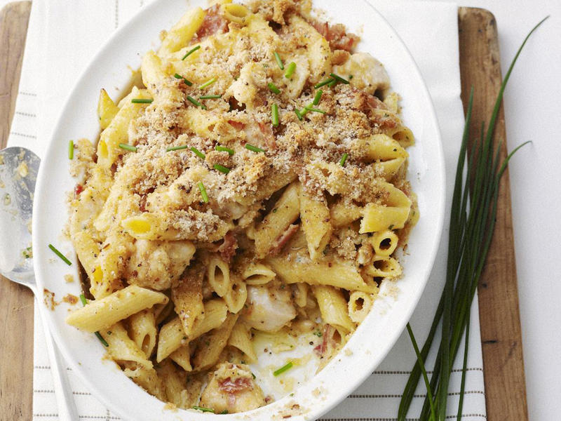 Chicken pesto pasta with tomatoes , Chicken and sugar snap pea pasta , Chicken and corn pasta bake , Chicken penne carbonara with crispy crumbs , Creamy chicken and pasta salad , Farfalle with tenderloins, ricotta, spinach and tomato , Thermomix risoni with chicken and salsa verde , Chicken, chorizo and capsicum pasta , Creamy chicken, bacon, pea and spinach pasta , Chicken carbonara pasta bake , Greek chicken pasta salad , Chicken pasta salad with roasted capsicum, fetta and walnut , Roast chicken pasta , Chicken pasta salad