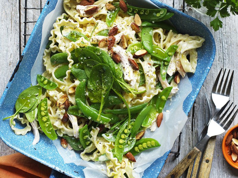 Chicken pesto pasta with tomatoes , Chicken and sugar snap pea pasta , Chicken and corn pasta bake , Chicken penne carbonara with crispy crumbs , Creamy chicken and pasta salad , Farfalle with tenderloins, ricotta, spinach and tomato , Thermomix risoni with chicken and salsa verde , Chicken, chorizo and capsicum pasta , Creamy chicken, bacon, pea and spinach pasta , Chicken carbonara pasta bake , Greek chicken pasta salad , Chicken pasta salad with roasted capsicum, fetta and walnut , Roast chicken pasta , Chicken pasta salad