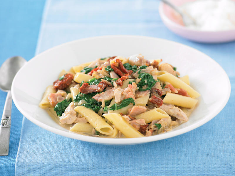 Chicken pesto pasta with tomatoes , Chicken and sugar snap pea pasta , Chicken and corn pasta bake , Chicken penne carbonara with crispy crumbs , Creamy chicken and pasta salad , Farfalle with tenderloins, ricotta, spinach and tomato , Thermomix risoni with chicken and salsa verde , Chicken, chorizo and capsicum pasta , Creamy chicken, bacon, pea and spinach pasta , Chicken carbonara pasta bake , Greek chicken pasta salad , Chicken pasta salad with roasted capsicum, fetta and walnut , Roast chicken pasta , Chicken pasta salad