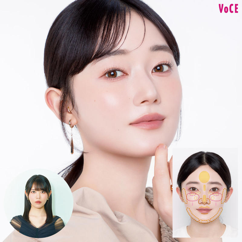 顔の余白を埋めて、エラ部分をすっきり見せるのが目標！, 【チーク】血色を2色重ねて余白を埋めつつ立体感を, 【ハイライト】ハイライトはちりばめ塗りして、顔の間延びを防止！, 【シェーディング】エラ下、あごまわりをがっつり削って顔の下半分をシャープに