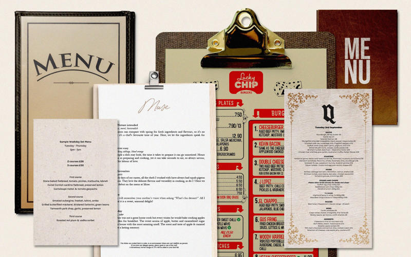 ‘Grouse, trimmings’, ‘Grilled sirloin sourced from our local suppliers’, The dish description that’s too long to fit here, Pudding ‘like Granny/Mum/Auntie Val etc used to make it’, The ‘Kevin Bacon’ burger, ‘Deconstructed’ lasagne, The indulgent chocolate mousse