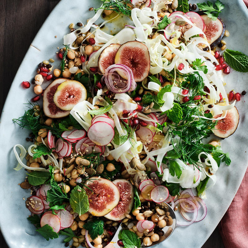          Fig, pomegranate and burrata with Sherry vinaigrette      ,          Ricotta fritters with honey and figs      ,          Sean Moran’s pork belly roasted with fennel, radicchio and figs      ,          Fig, fennel and grain salad with citrus dressing      ,          Lemon-scented labneh with fig and beetroot      ,          Fig leaf-baked brie with pickled figs and fennel seed fougasse      ,          Mike McEnearney’s fig salad with roast onions, walnuts and radicchio      ,          Chicken roasted with butter, figs and verjuice      ,          Fig, prosciutto, pear and witlof salad with pomegranate vinaigrette      ,          Figs with whipped ricotta, orange and mint      ,          Roast pumpkin and fig fatteh with za’atar and whipped feta      ,          Glazed figs with salted caramel ice-cream      ,          Spice-roasted duck with figs      ,          Haloumi, ricotta and peppered fig pide      ,          Orange-scented cheesecake with figs and Amaro syrup      
