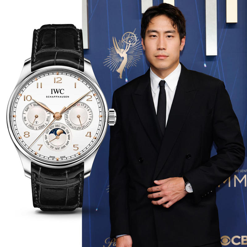 4) Young Mazino's IWC Portugieser Perpetual Calendar 1) Tramell Tillman's Code 11.59 by Audemars Piguet Perpetual Calendar, 2) Walton Goggins's Vacheron Constantin Overseas Perpetual Calendar Ultra-Thin, 3) Adam Brody's Omega De Ville Prestige, 4) Young Mazino's IWC Portugieser Perpetual Calendar, 5) Philip Barantini's Endeavour Tourbillon Concept Vantablack, 6) Colman Domingo's Omega Speedmaster Moonwatch Professional, 7) Sam Rockwell's Vacheron Constantin Historiques American 1921, 8) Charlie Hunnam's Omega Constellation Globemaster, 9) Benny Blanco's Audemars Piguet Royal Oak Frosted Gold Selfwinding, 10) James Marsden's IWC Portofino Complete Calendar