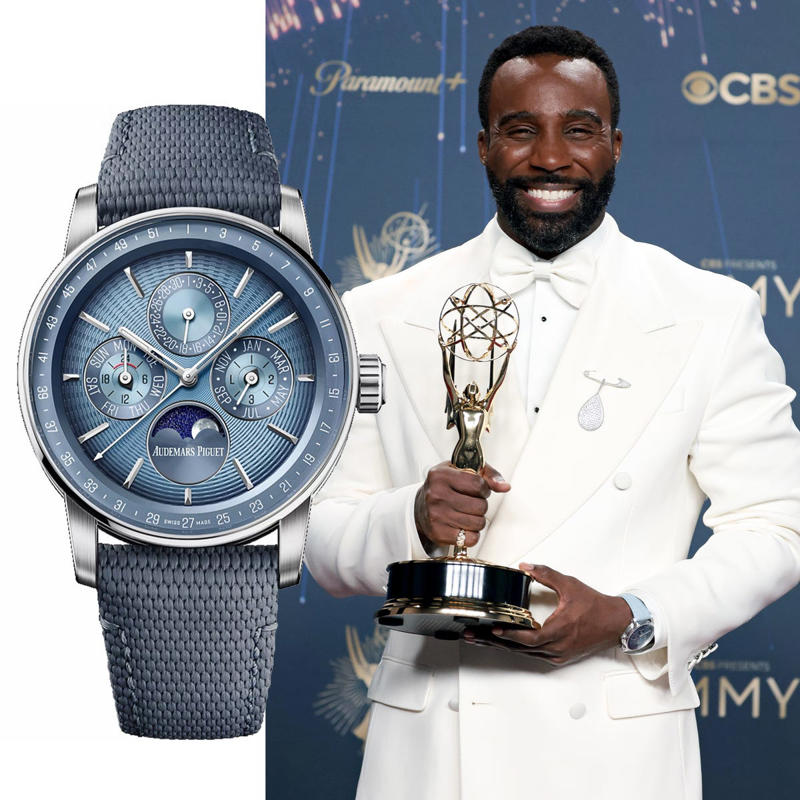 1) Tramell Tillman's Code 11.59 by Audemars Piguet Perpetual Calendar 1) Tramell Tillman's Code 11.59 by Audemars Piguet Perpetual Calendar, 2) Walton Goggins's Vacheron Constantin Overseas Perpetual Calendar Ultra-Thin, 3) Adam Brody's Omega De Ville Prestige, 4) Young Mazino's IWC Portugieser Perpetual Calendar, 5) Philip Barantini's Endeavour Tourbillon Concept Vantablack, 6) Colman Domingo's Omega Speedmaster Moonwatch Professional, 7) Sam Rockwell's Vacheron Constantin Historiques American 1921, 8) Charlie Hunnam's Omega Constellation Globemaster, 9) Benny Blanco's Audemars Piguet Royal Oak Frosted Gold Selfwinding, 10) James Marsden's IWC Portofino Complete Calendar