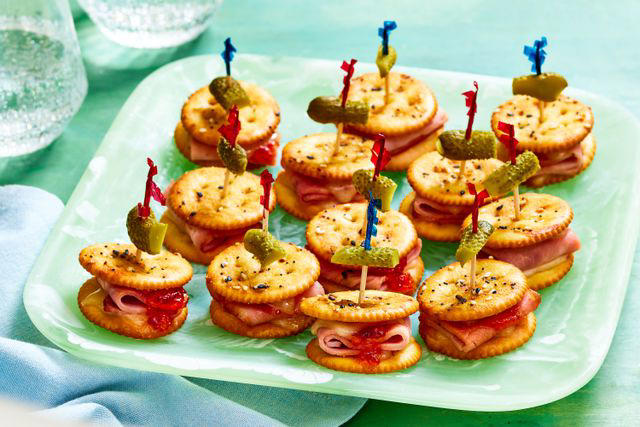 Whipped Goat Cheese With Smoky Bacon Jam, Spicy Strawberry-Goat Cheese Crostini, Three-Cheese Spinach-Artichoke Dip, Asparagus Ribbon Crostini, Spicy Cheese Straws, Jalapeno Popper Dip, Tiny Tacos, Fire Crackers, Pimiento Cheese Flatbread, Ritz Cracker Party Sandwiches