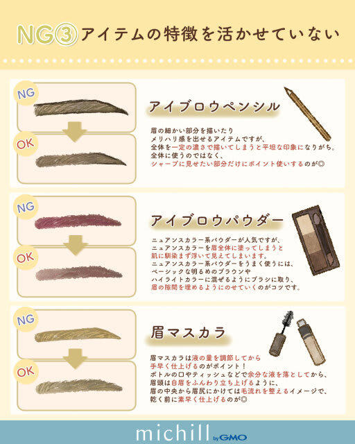 やめた瞬間、顔の印象激変！垢抜け眉になるためのNG→OKテク, やめてよかった眉メイクテク①濃すぎ眉頭, やめてよかった眉メイクテク②アイブロウマスカラを使わない, やめてよかった眉メイクテク③アイテムの特徴を活かせていない, アイブロウペンシルのNGとOK, アイブロウパウダーのNGとOK