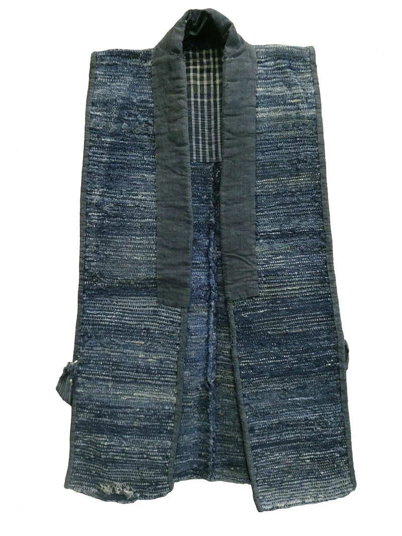 19th-Century Cotton Kimono, 1930s Boro Jacket, Yamagata Boro Vest, Shiga Jacket, Sleeveless Work Jacket, Momohiki Trousers, Sashiko Gloves, Sodenashi Vest