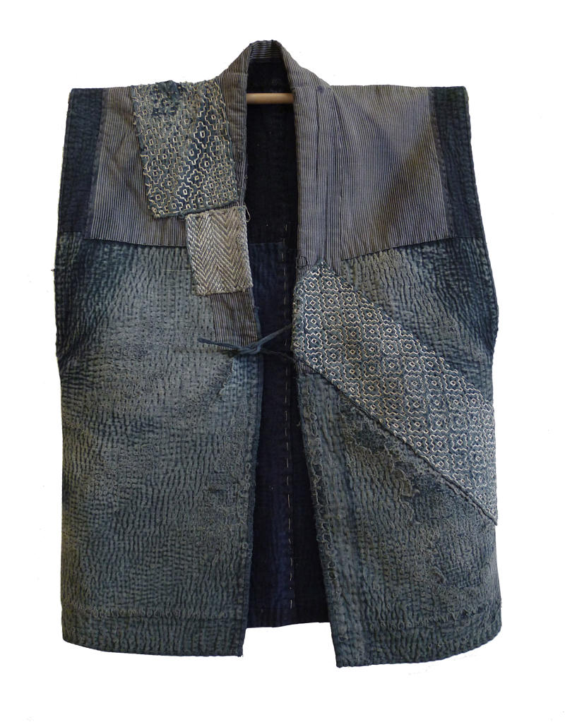 19th-Century Cotton Kimono, 1930s Boro Jacket, Yamagata Boro Vest, Shiga Jacket, Sleeveless Work Jacket, Momohiki Trousers, Sashiko Gloves, Sodenashi Vest