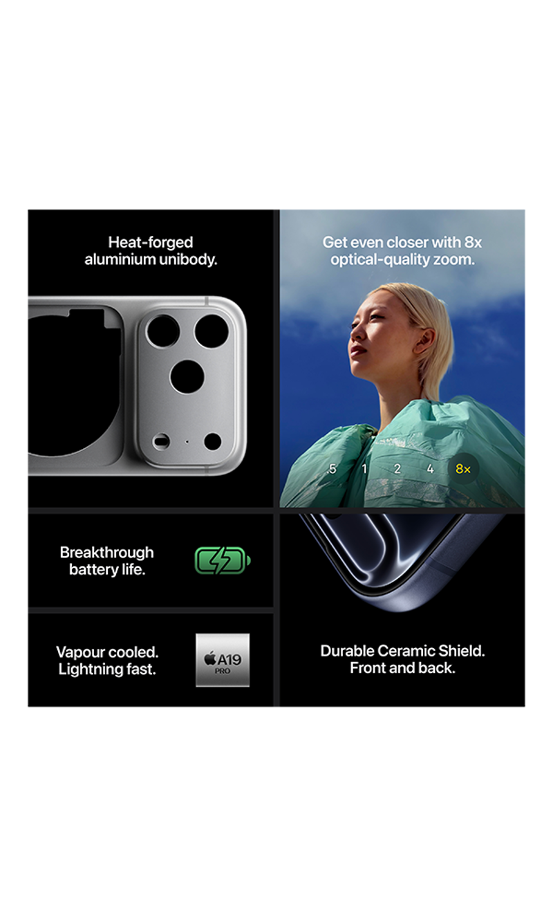 Apple iPhone 17 Pro , The new A19 Chip, Aluminium Unibody design, Improved battery life, Better camera quality, Brighter, clearer screen
