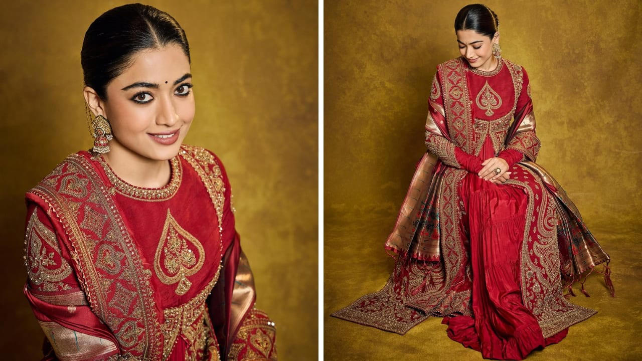 Festive in classic red The actress looks stunning in a festive red jacket set, making it a distinct style to wear. The ensemble’s traditional hand-embroidered jacket features a paan-shaped design at the centre, and its luxurious muslin silk and velvet fabric lends a royal touch.