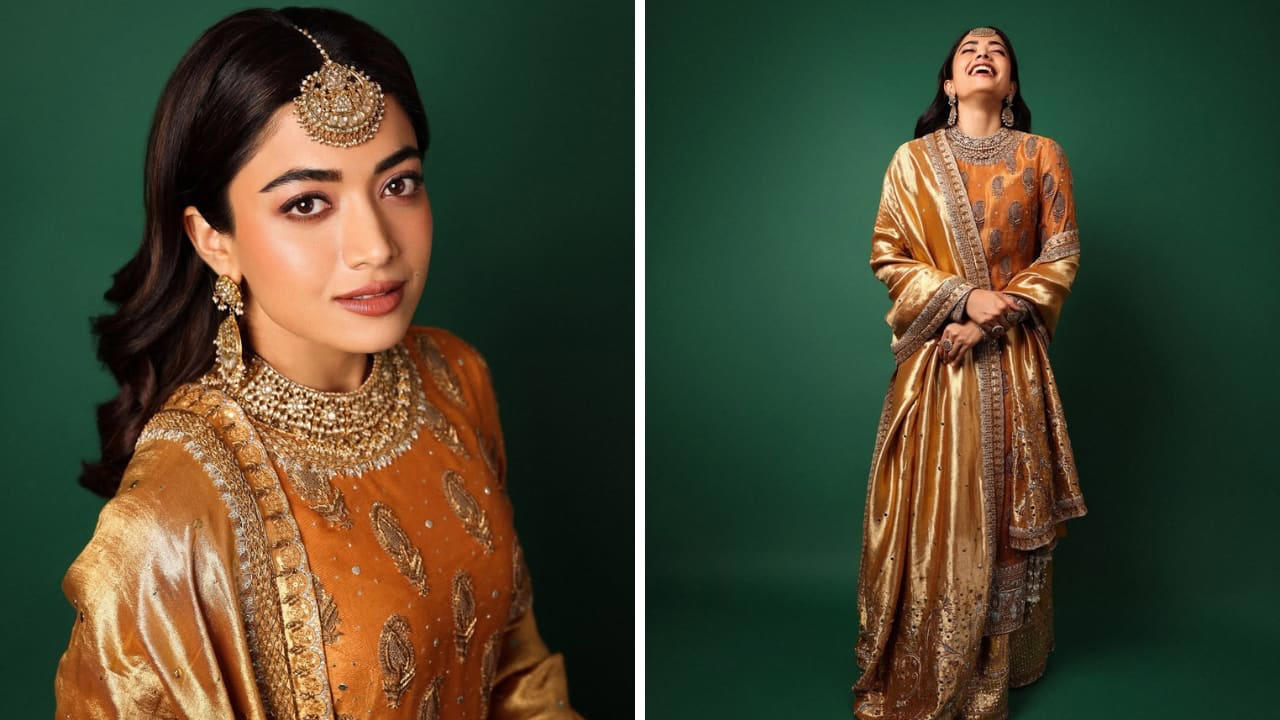 Shine bright in orange If you like bright, happy hues, opt for an orange suit with a modern design and traditional gold embroidery for a festive feel. Rashmika’s look has been styled beautifully with statement jewellery.